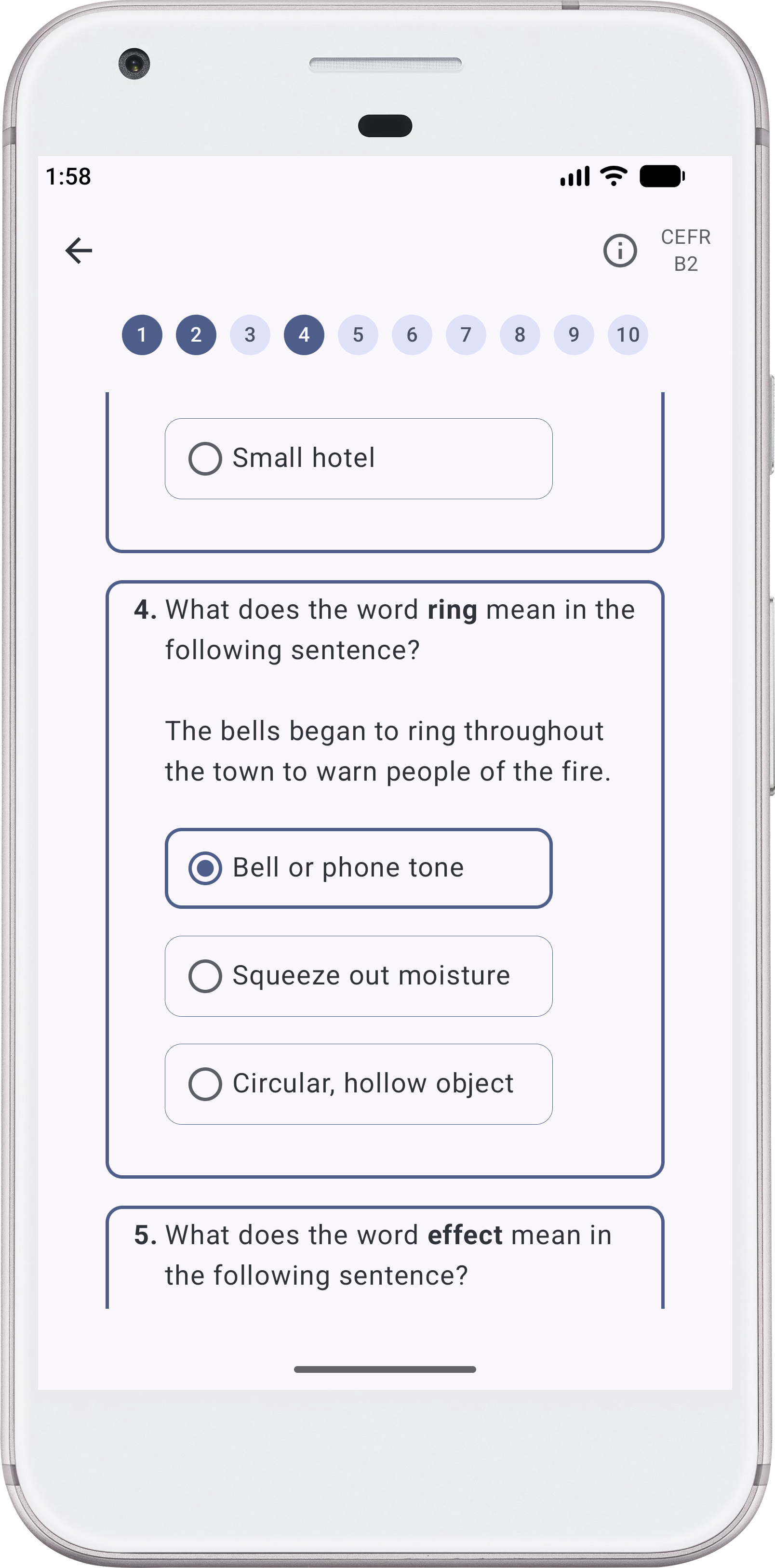 Screenshot of the Language-Turtle Android app showing a homophones quiz