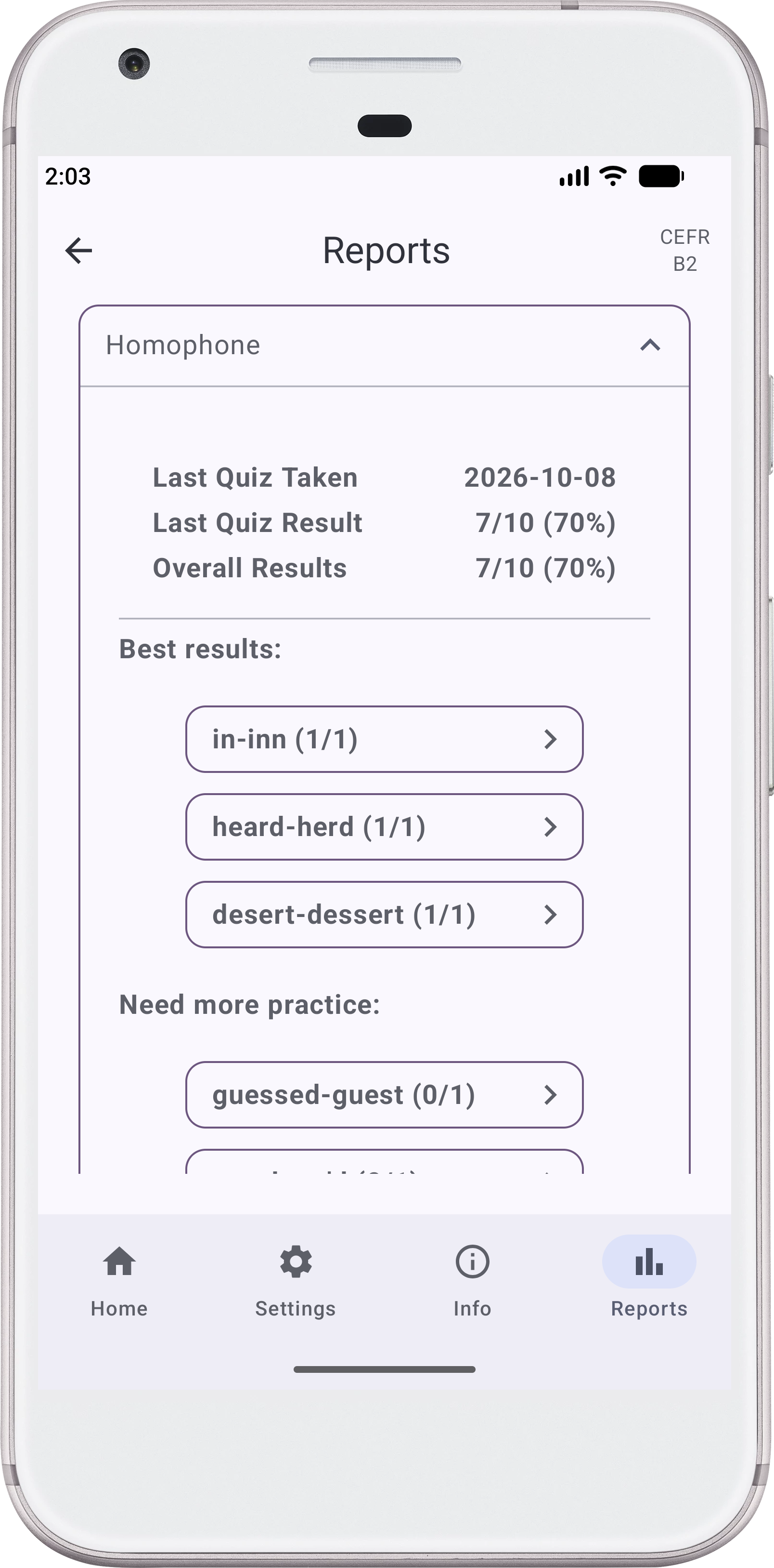 Screenshot of the Language-Turtle Android app showing a report
